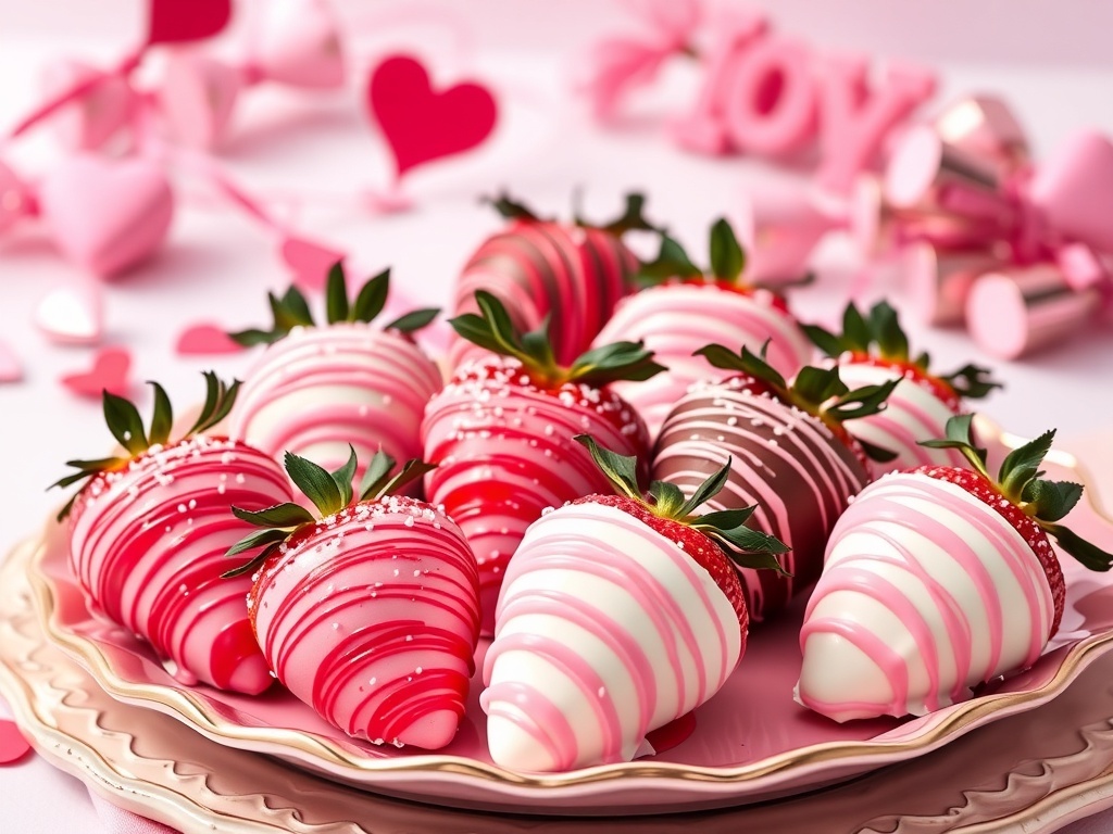 Valentine Colorful chocolate covered strawberries in pink, red, and white swirls on a decorative plate.